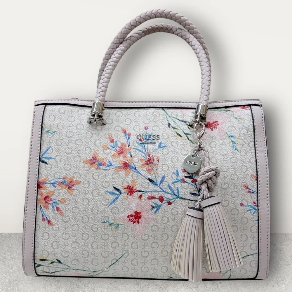 GUESS Floral Monogram Satchel Bag Pink Multi PR681906 Braided Handle Tassel